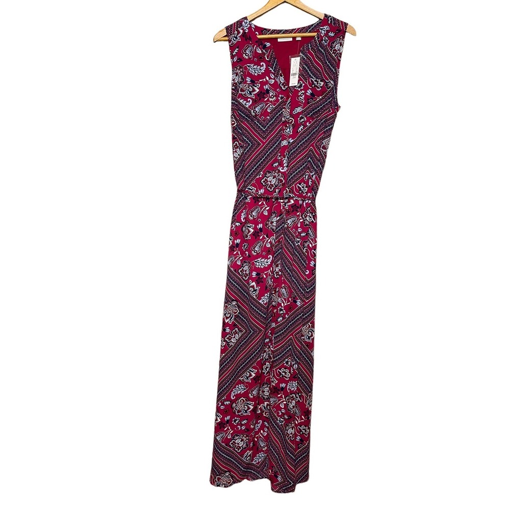 New York & Company Size L Long V-neck Button-Down Geometric Maxi Dress Pockets